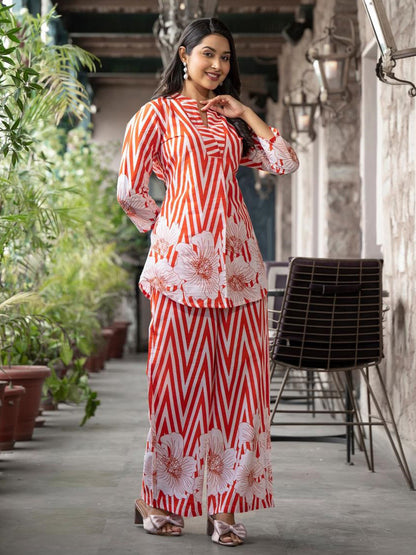 Curved Style Cotton Fabric Orange Color Co-Ord Set