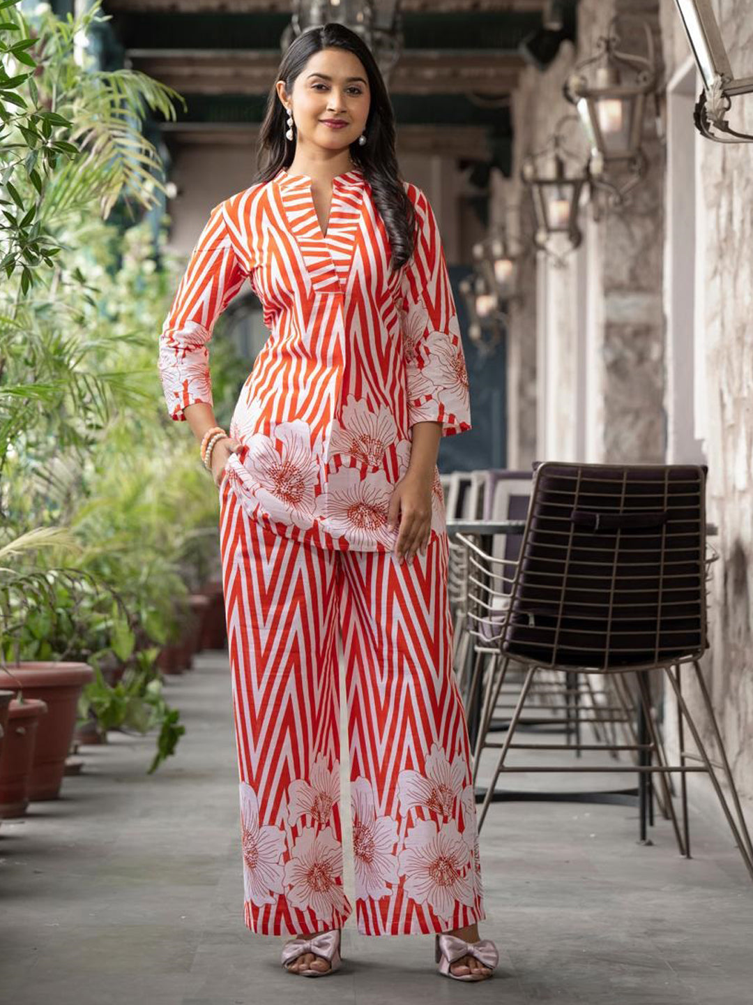 Curved Style Cotton Fabric Orange Color Co-Ord Set