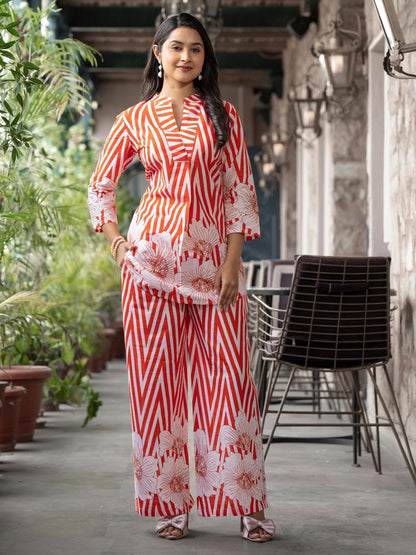 Curved Style Cotton Fabric Orange Color Co-Ord Set