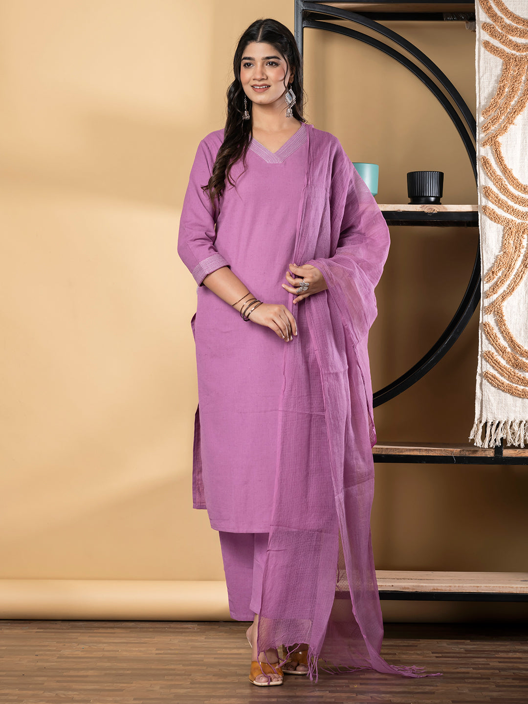 Straight Style Cotton Flex Fabric Mauve Color Kurta And Bottom With Dupatta