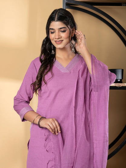 Straight Style Cotton Flex Fabric Mauve Color Kurta And Bottom With Dupatta