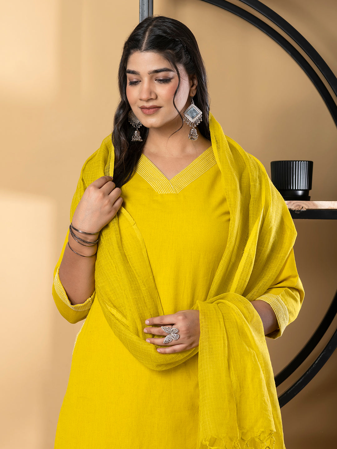 Straight Style Cotton Flex Fabric Yellow Color Kurta And Bottom With Dupatta