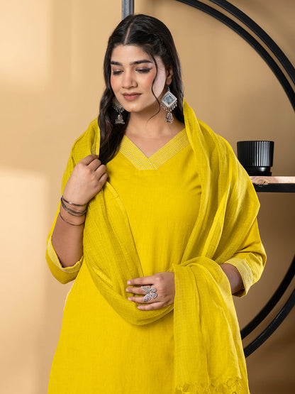 Straight Style Cotton Flex Fabric Yellow Color Kurta And Bottom With Dupatta