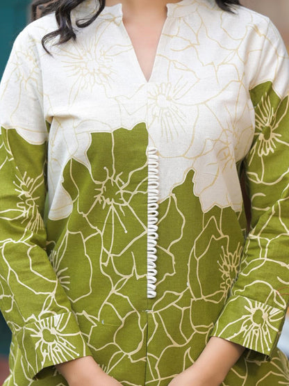 Curved Style Cotton Flex Fabric Green Color Co-Ord Set