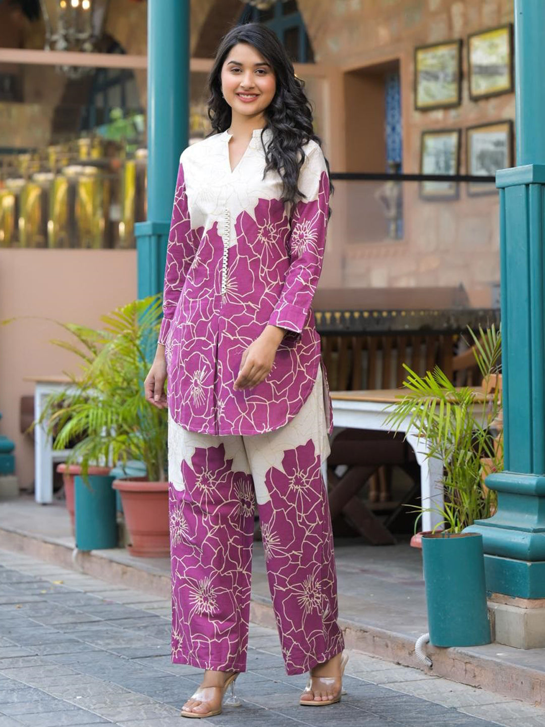 Curved Style Cotton Flex Fabric Magenta Color Co-Ord Set