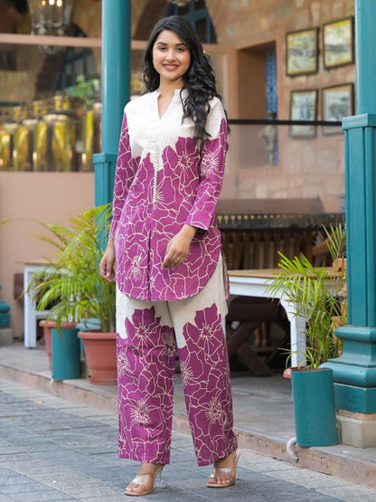 Curved Style Cotton Flex Fabric Magenta Color Co-Ord Set