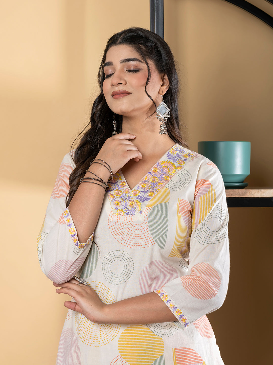 Straight Style Cotton Fabric Orange & Off White Color Kurta And Bottom