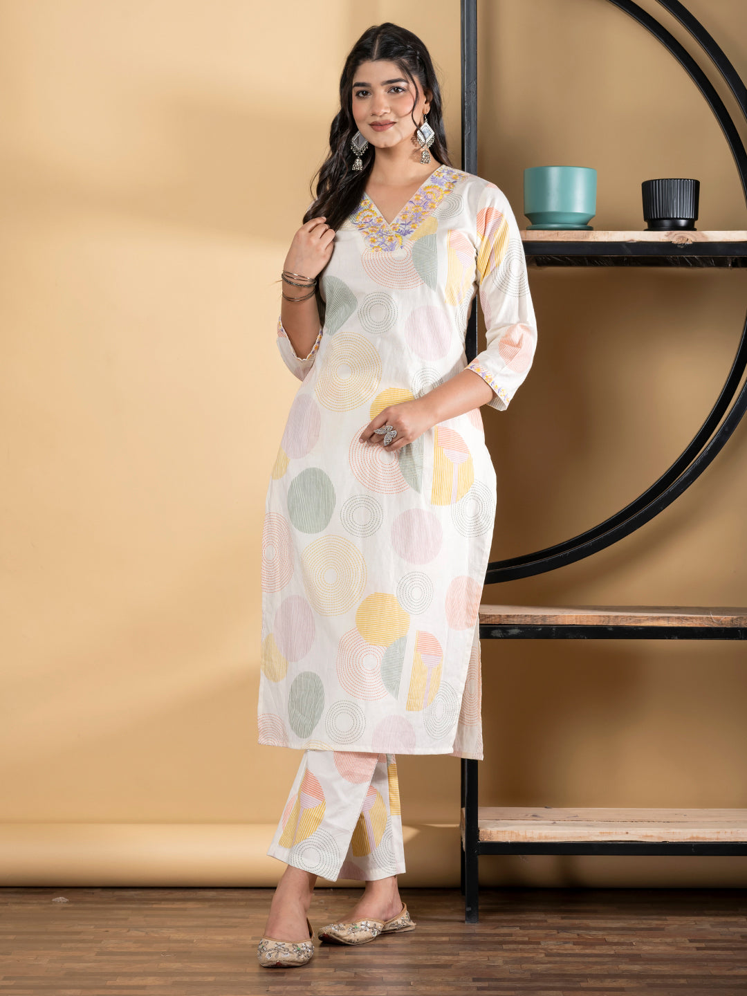 Straight Style Cotton Fabric Orange & Off White Color Kurta And Bottom