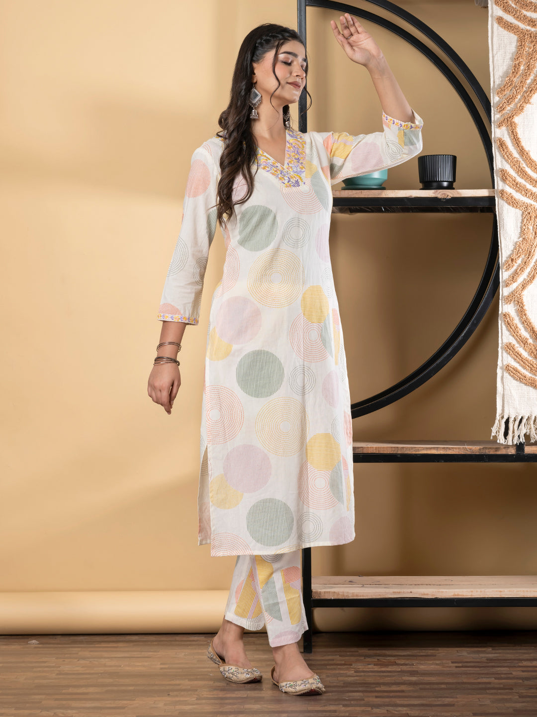 Straight Style Cotton Fabric Orange & Off White Color Kurta And Bottom