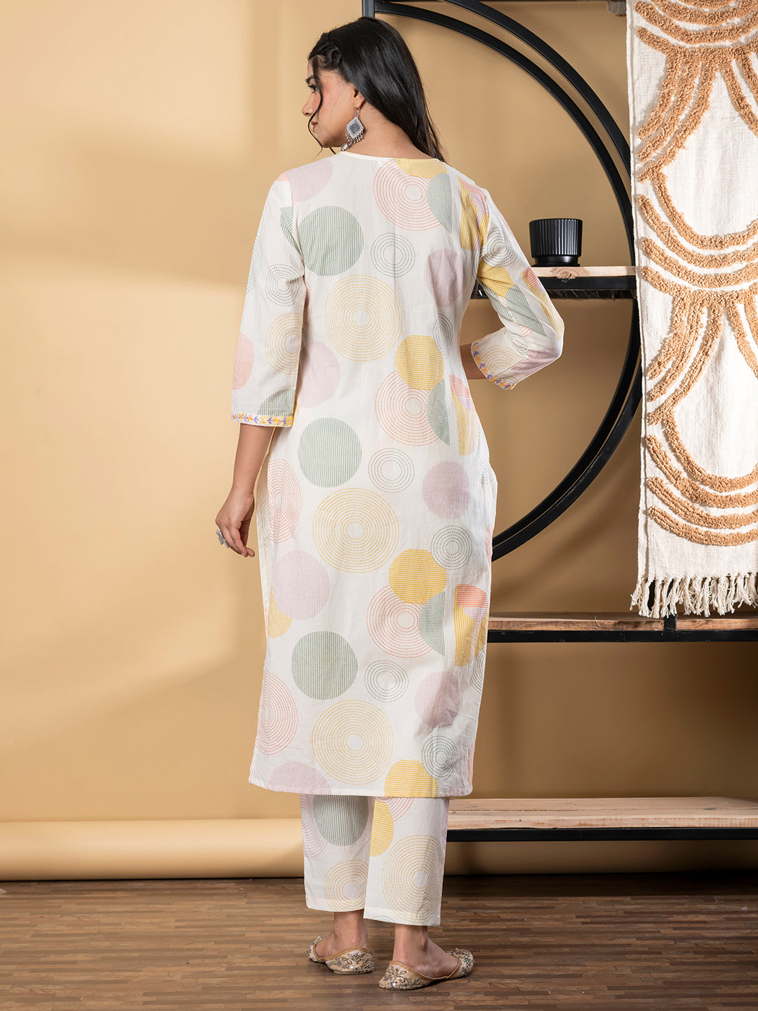 Straight Style Cotton Fabric Orange & Off White Color Kurta And Bottom