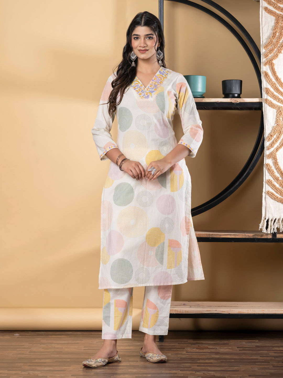 Straight Style Cotton Fabric Orange & Off White Color Kurta And Bottom