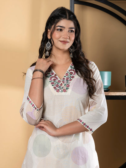 Straight Style Cotton Fabric Green & Off White Color Kurta And Bottom