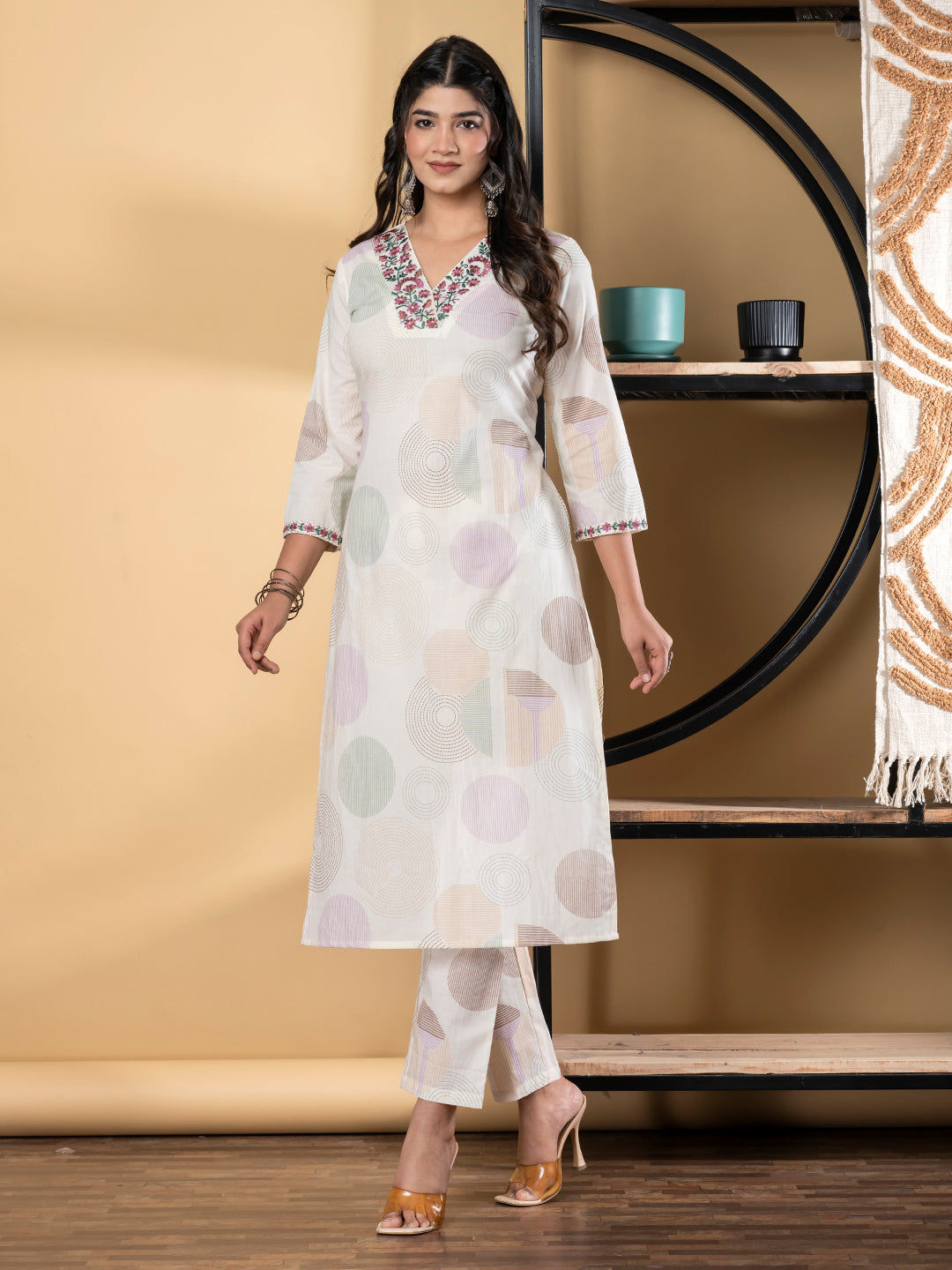 Straight Style Cotton Fabric Green & Off White Color Kurta And Bottom