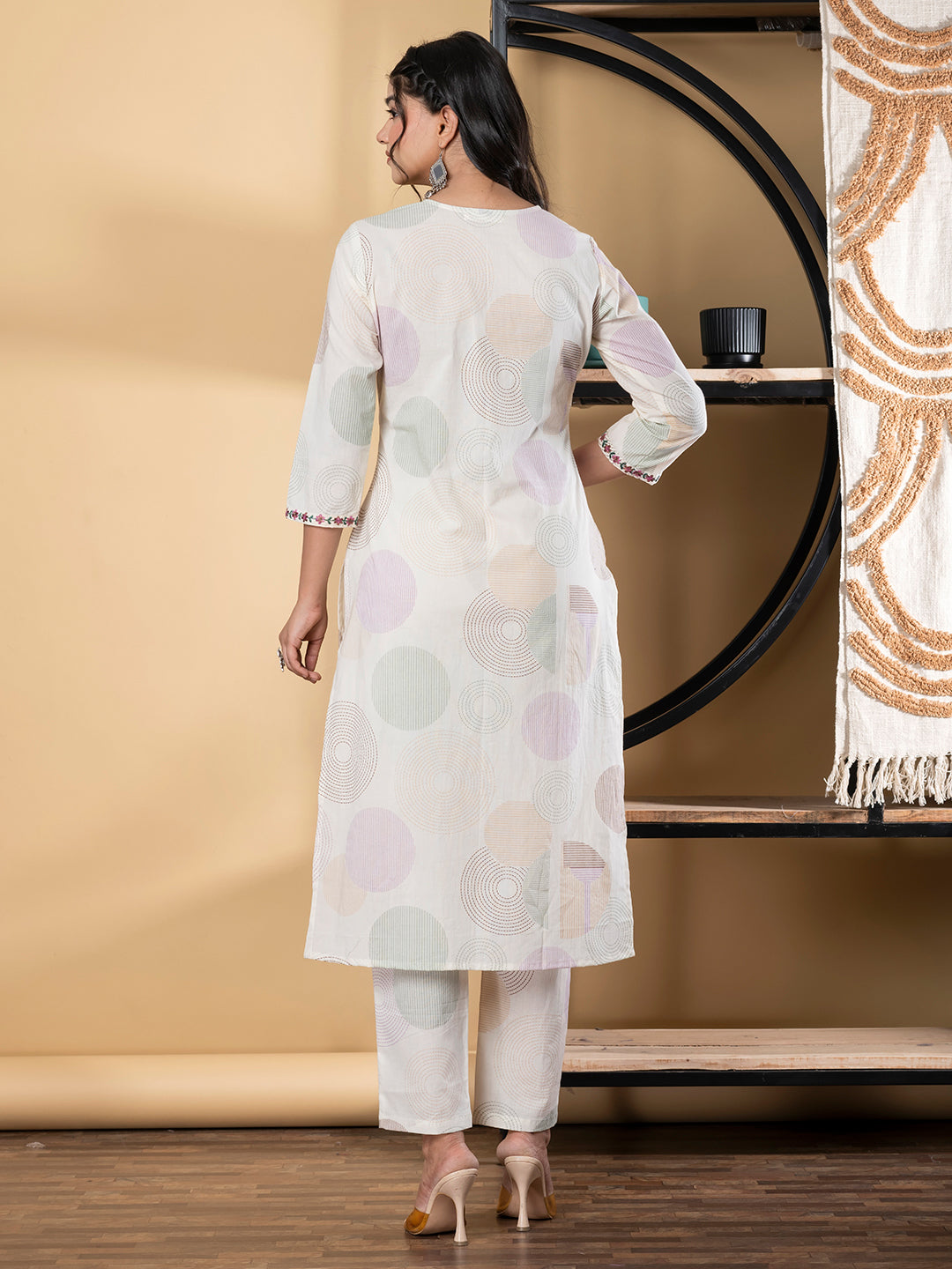 Straight Style Cotton Fabric Green & Off White Color Kurta And Bottom