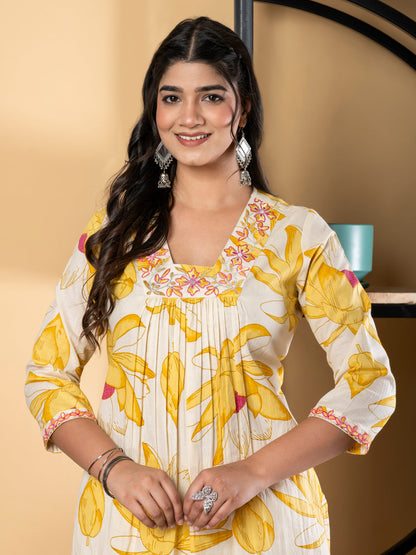 A Line Style Cotton Fabric Yellow Color Kurta And Bottom