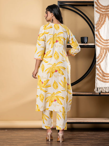 A Line Style Cotton Fabric Yellow Color Kurta And Bottom