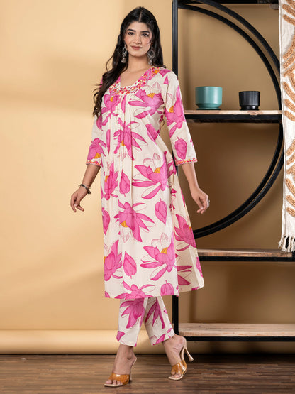 A Line Style Cotton Fabric Pink Color Kurta And Bottom