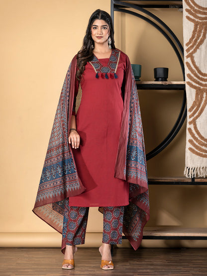 Straight Style Cotton Fabric Maroon Color Kurta And Bottom With Dupatta