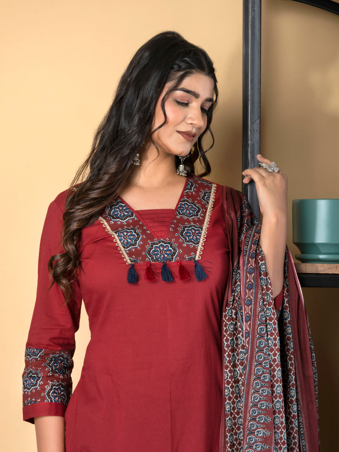 Straight Style Cotton Fabric Maroon Color Kurta And Bottom With Dupatta