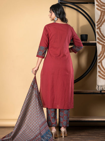 Straight Style Cotton Fabric Maroon Color Kurta And Bottom With Dupatta