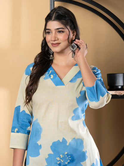 Straight Style Cotton Fabric Blue Color Kurta And Bottom