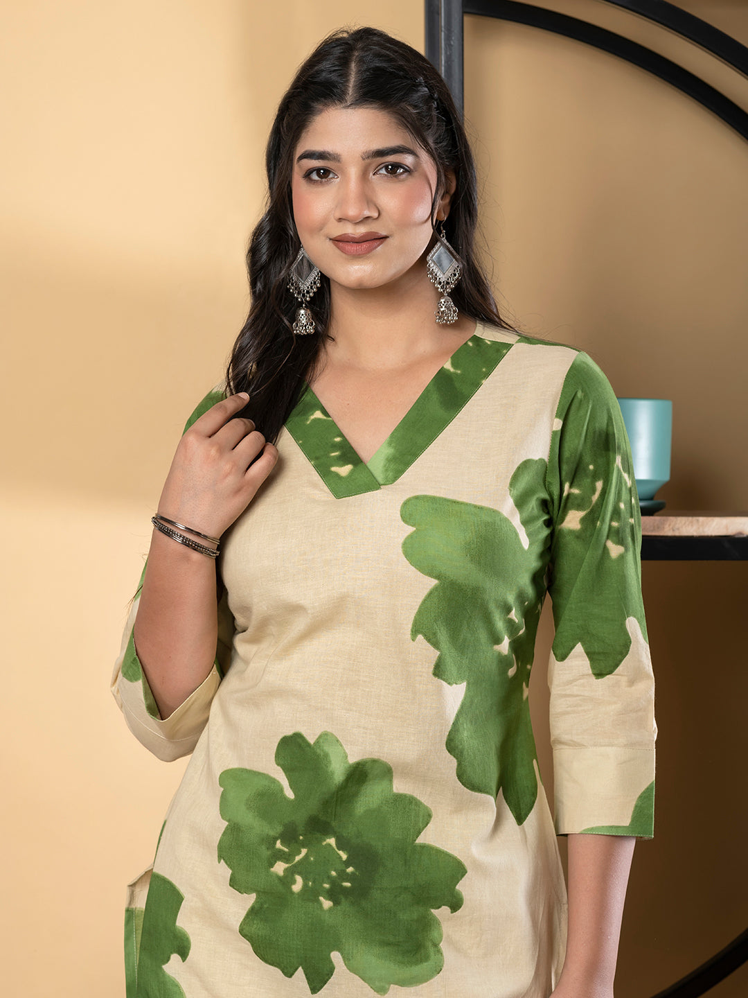 Straight Style Cotton Fabric Green Color Kurta And Bottom