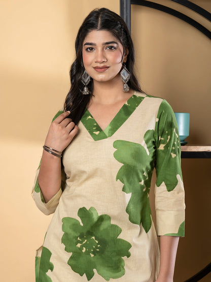 Straight Style Cotton Fabric Green Color Kurta And Bottom