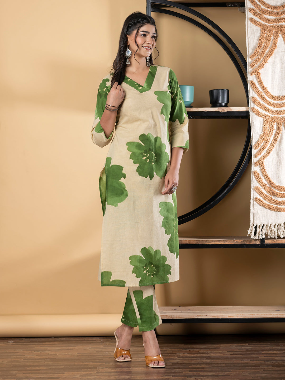 Straight Style Cotton Fabric Green Color Kurta And Bottom