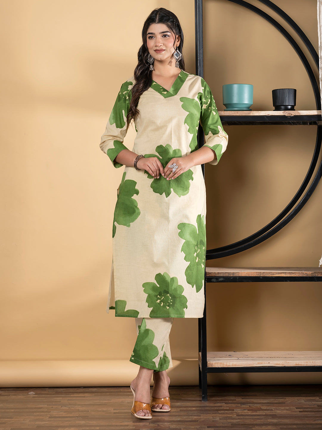 Straight Style Cotton Fabric Green Color Kurta And Bottom