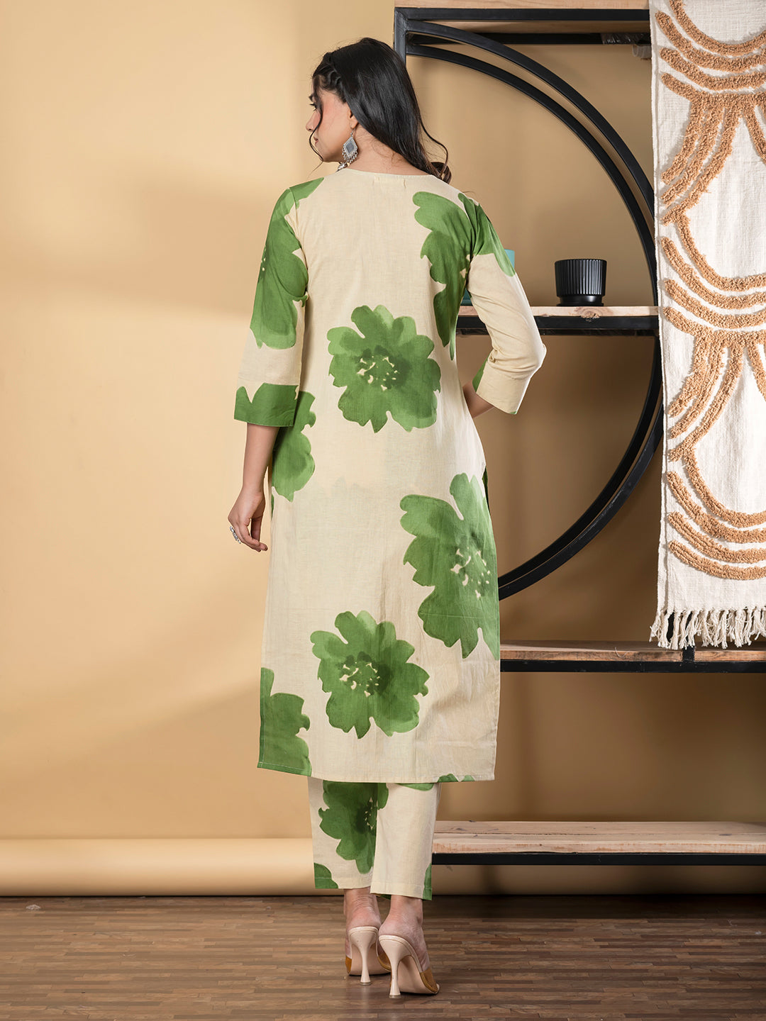 Straight Style Cotton Fabric Green Color Kurta And Bottom