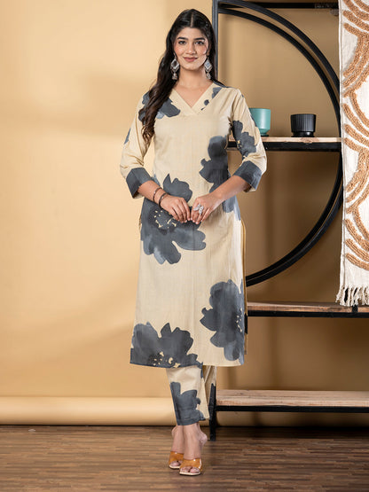 Straight Style Cotton Fabric Grey Color Kurta And Bottom