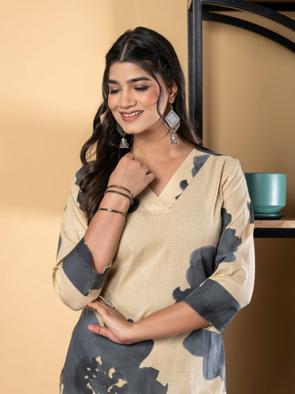Straight Style Cotton Fabric Grey Color Kurta And Bottom