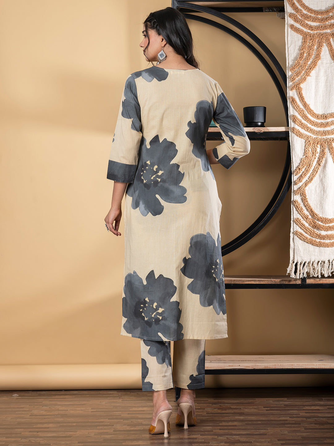 Straight Style Cotton Fabric Grey Color Kurta And Bottom