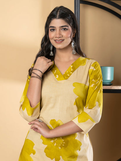 Straight Style Cotton Fabric Gold Color Kurta And Bottom