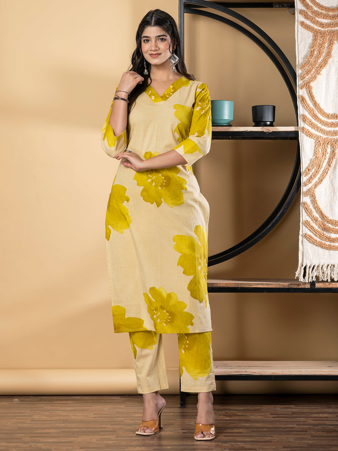 Straight Style Cotton Fabric Gold Color Kurta And Bottom