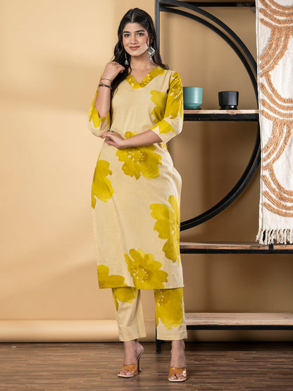 Straight Style Cotton Fabric Gold Color Kurta And Bottom