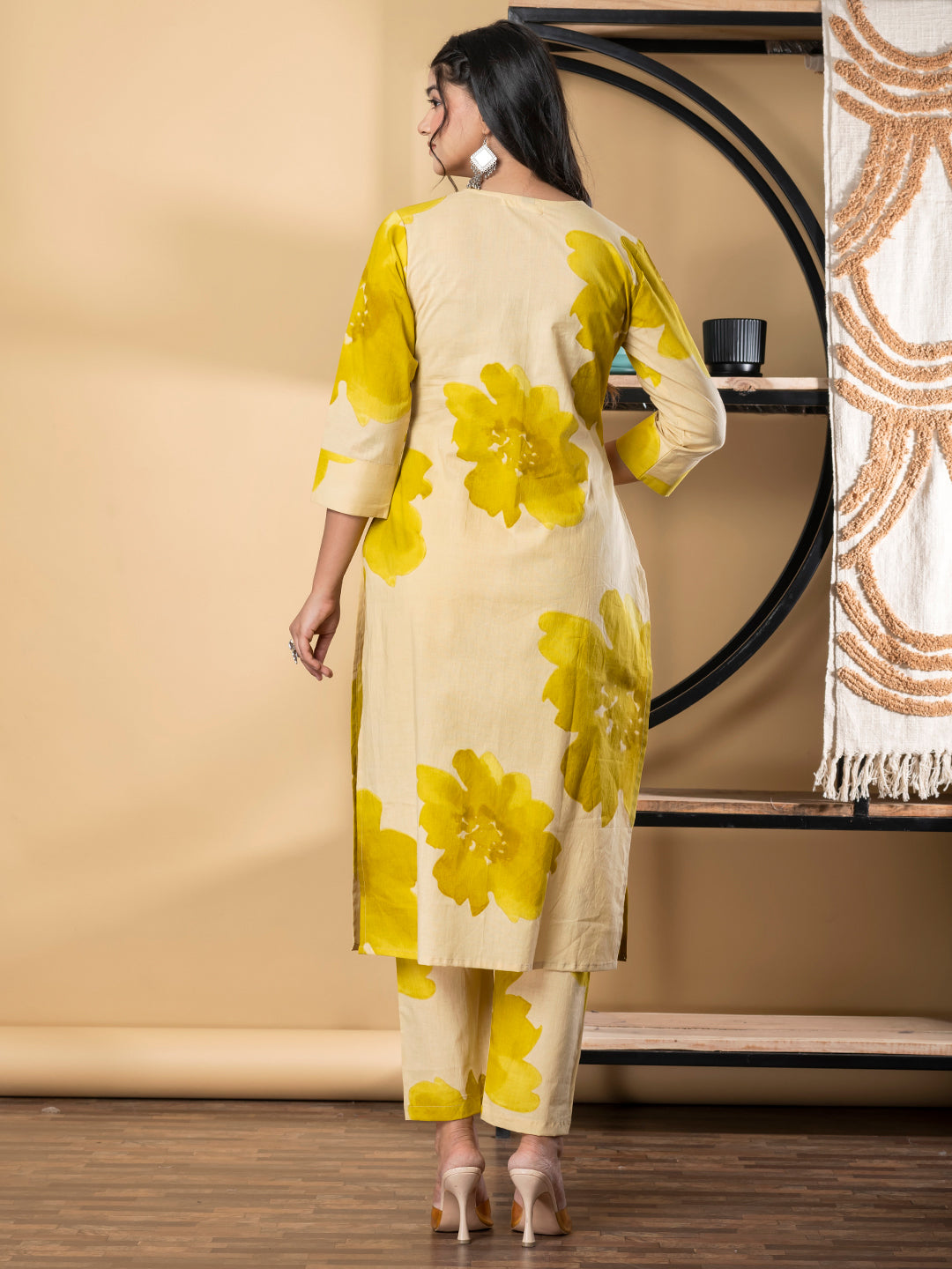 Straight Style Cotton Fabric Gold Color Kurta And Bottom