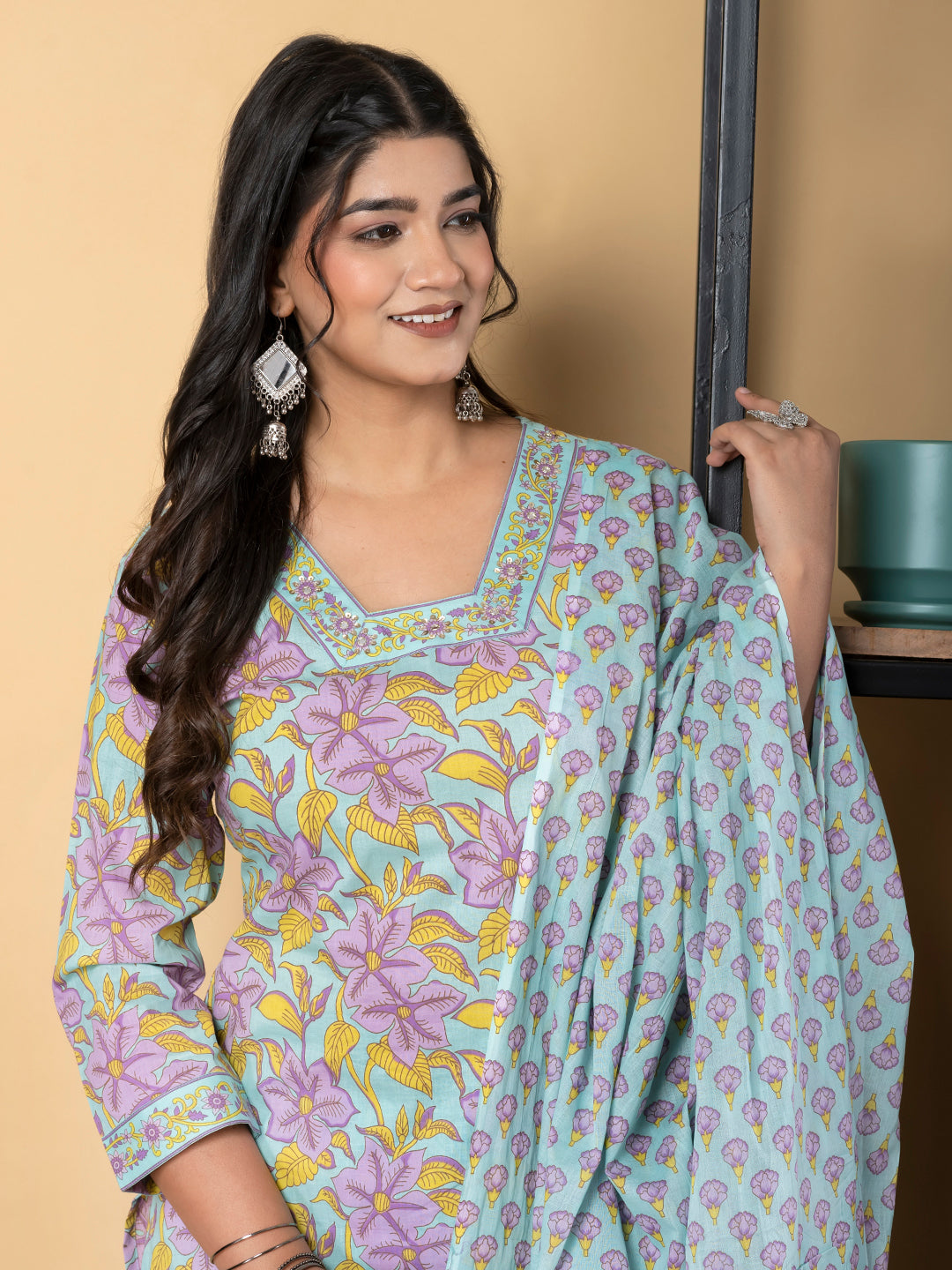 Straight Style Cotton Fabric Sea Green Color Kurta And Bottom With Dupatta