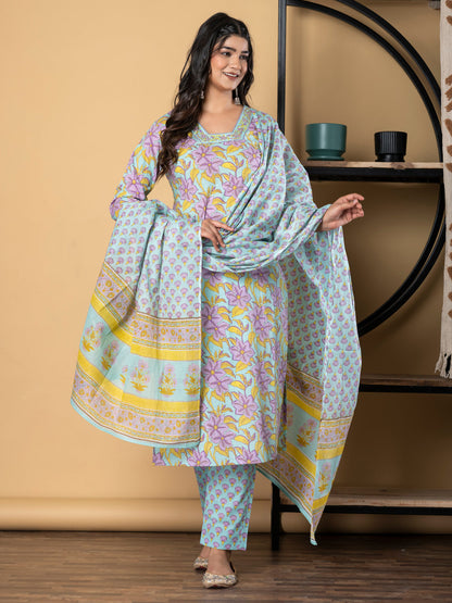 Straight Style Cotton Fabric Sea Green Color Kurta And Bottom With Dupatta