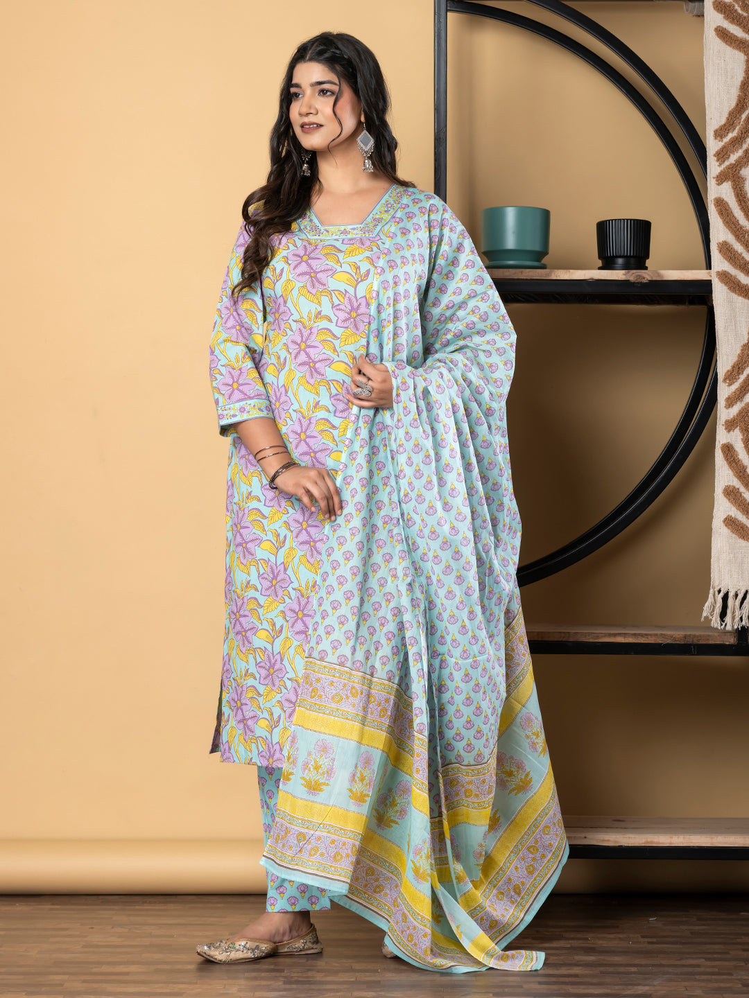 Straight Style Cotton Fabric Sea Green Color Kurta And Bottom With Dupatta