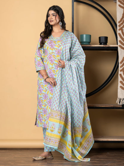 Straight Style Cotton Fabric Sea Green Color Kurta And Bottom With Dupatta