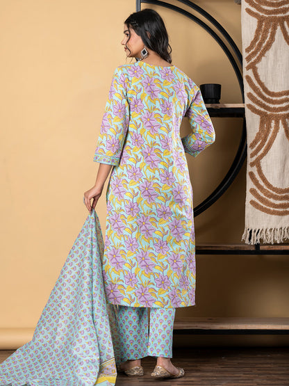 Straight Style Cotton Fabric Sea Green Color Kurta And Bottom With Dupatta