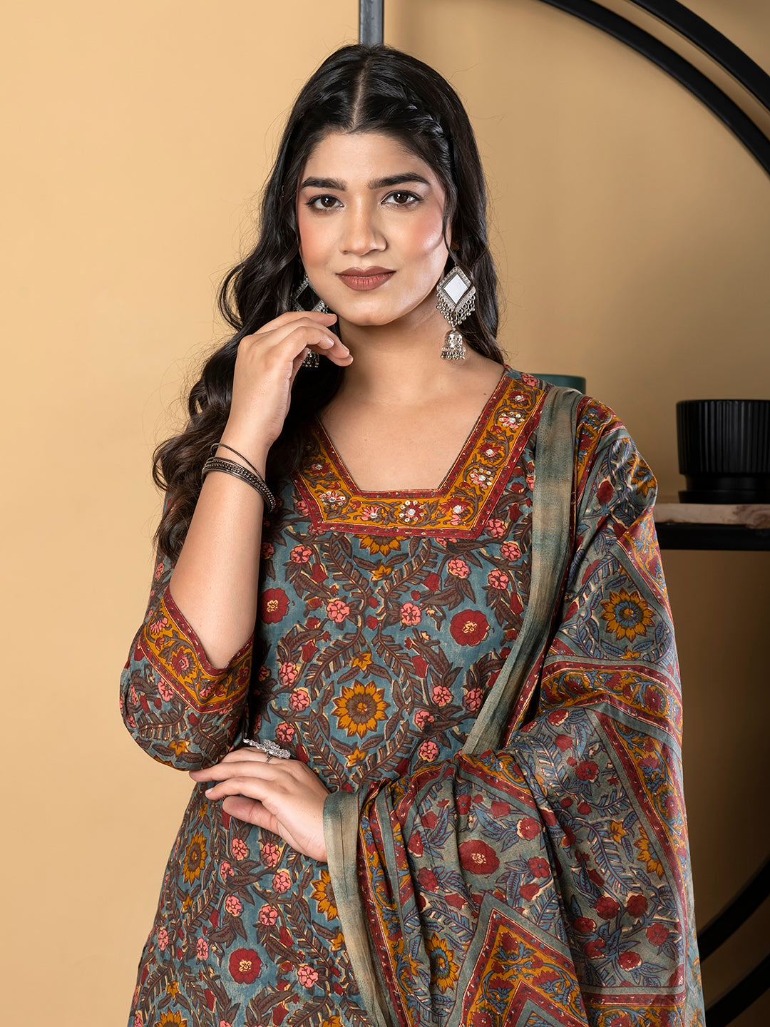 Straight Style Cotton Fabric Multicolor Kurta And Bottom With Dupatta