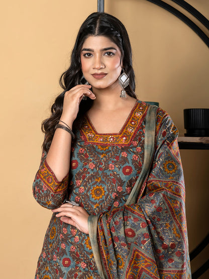 Straight Style Cotton Fabric Multicolor Kurta And Bottom With Dupatta