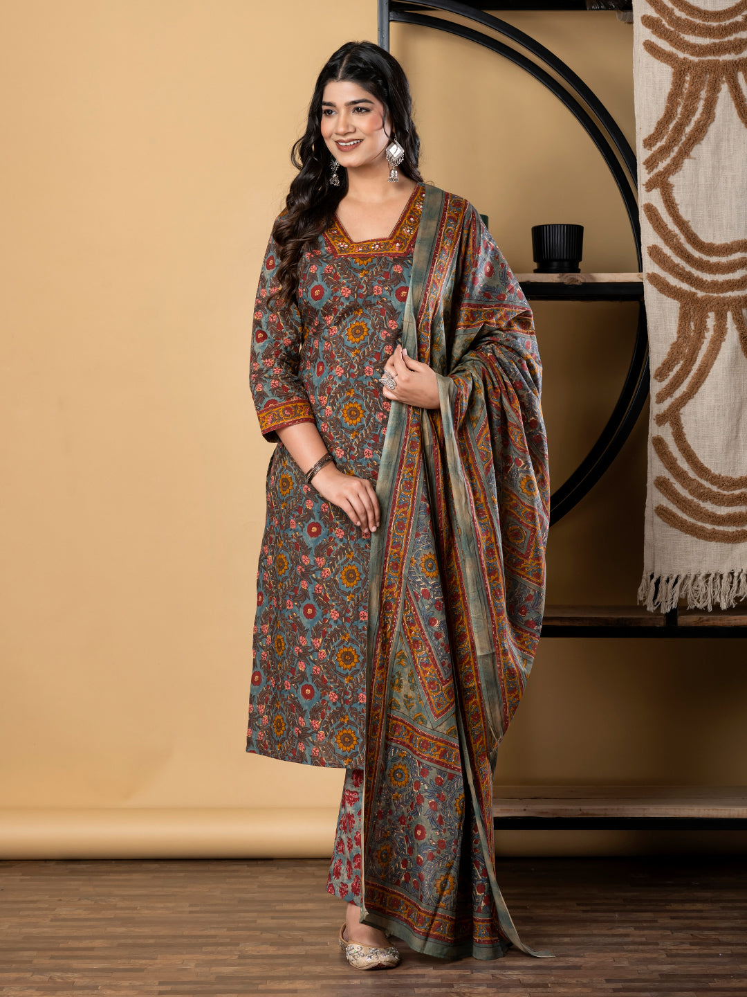 Straight Style Cotton Fabric Multicolor Kurta And Bottom With Dupatta