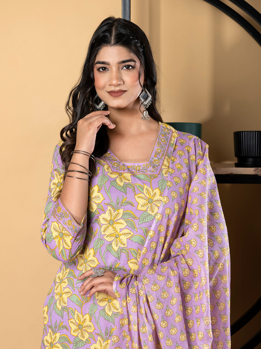 Straight Style Cotton Fabric Violet Color Kurta And Bottom With Dupatta
