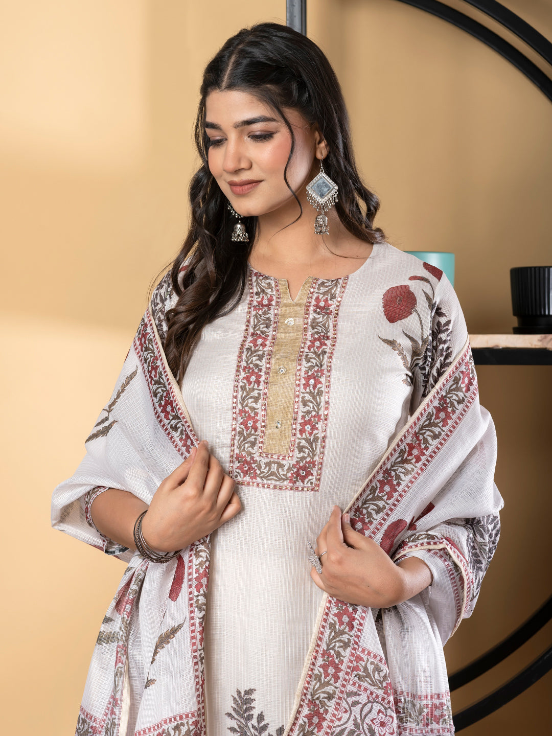 Straight Style Kota Doria Fabric Off White Color Kurta And Bottom With Dupatta