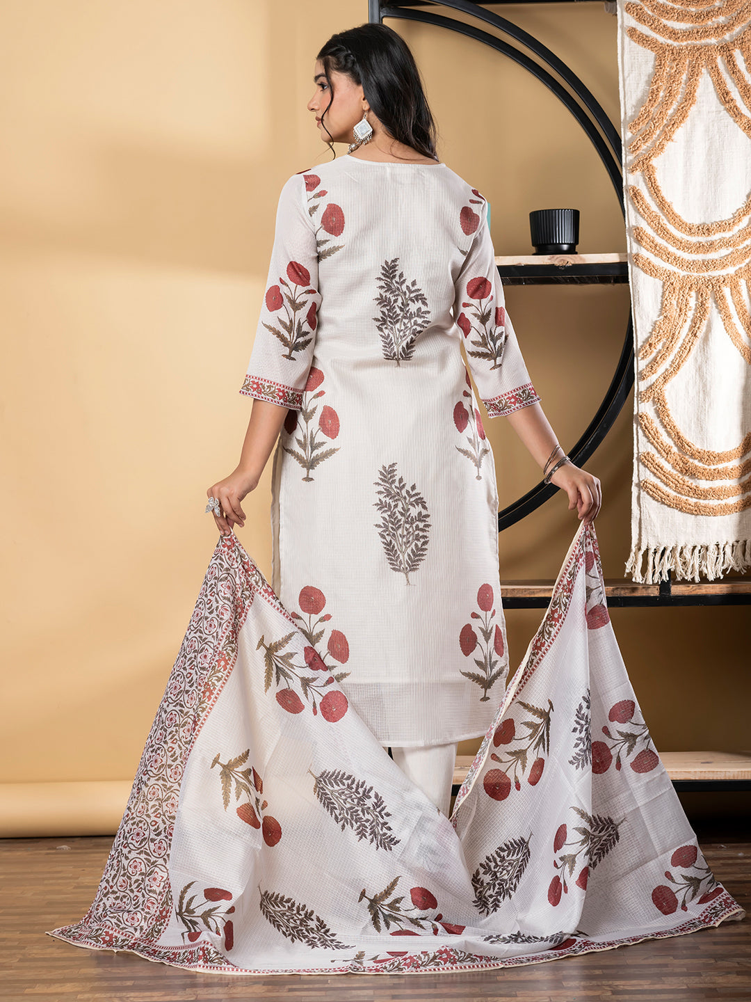 Straight Style Kota Doria Fabric Off White Color Kurta And Bottom With Dupatta