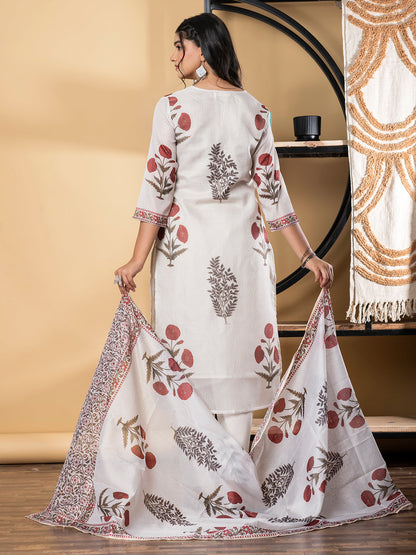 Straight Style Kota Doria Fabric Off White Color Kurta And Bottom With Dupatta