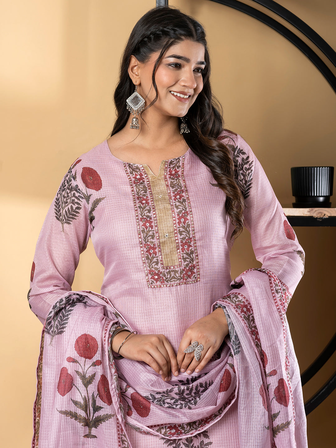 Straight Style Kota Doria Fabric Pink Color Kurta And Bottom With Dupatta